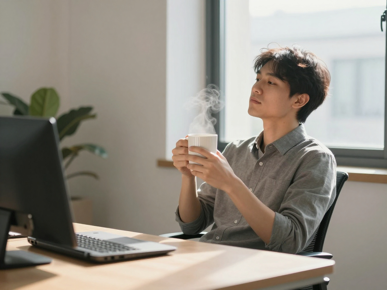 Office worker taking a mindful break guided by Recoveryoungpure